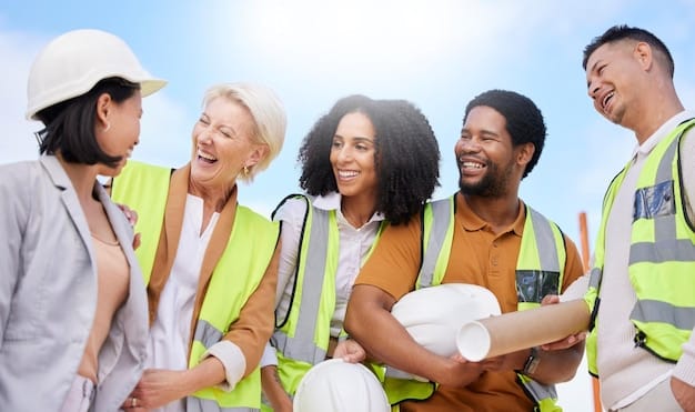 Diverse group of construction workers, including women and minorities, wearing hard hats and safety vests, working collaboratively on a new bridge construction site under a clear sky.