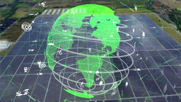 A detailed schematic illustrating the interconnectedness of a modernized smart grid, showing renewable energy sources (solar, wind) flowing into energy storage units and then distributing power efficiently to various demand points, highlighting resilience and digital management.