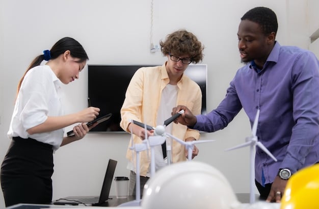 A diverse group of clean energy professionals (engineers, technicians, researchers) collaborating in a modern clean energy research facility or at a renewable energy site, symbolizing innovation, job creation, and future growth in the green sector.
