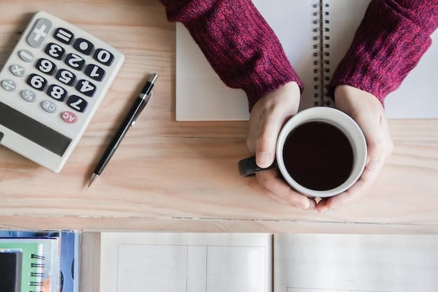 A person using a calculator with financial documents and a cup of coffee on a desk, symbolizing careful financial planning and tax considerations for retirement.