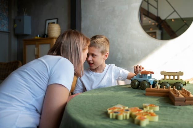 A young child with an adult, possibly a therapist or parent, engaged in play therapy, demonstrating early intervention support for developmental milestones in a home-like setting.