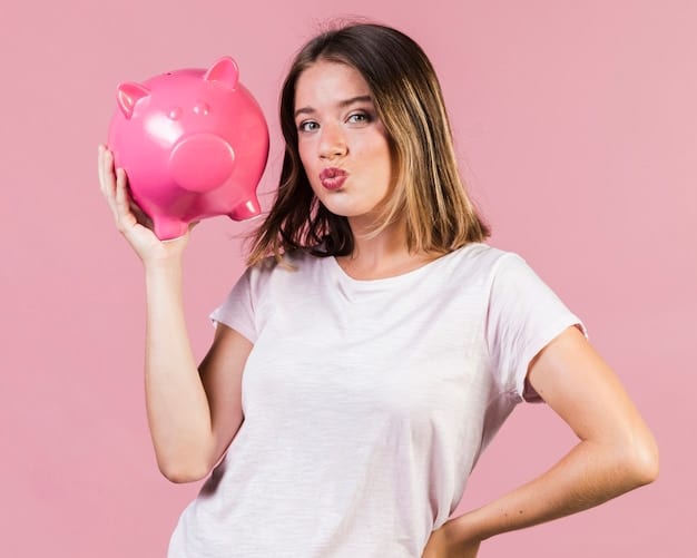 A person holding a piggy bank and a thought bubble showing various debt relief options like 