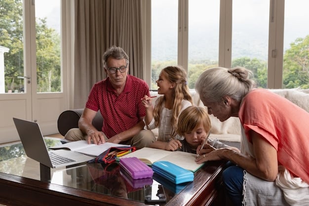 A multi-generational family (parents, grandparent) sitting around a table with a school administrator and a teacher, all engaged in a collaborative discussion about a student's Individualized Education Program (IEP), symbolizing strong parental involvement.