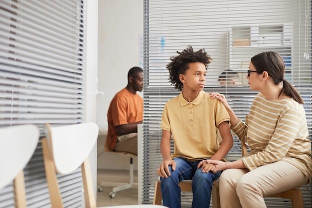 A school counselor or psychologist engaging in a supportive conversation with a young student in a calm, welcoming office, representing mental health support services available in schools.