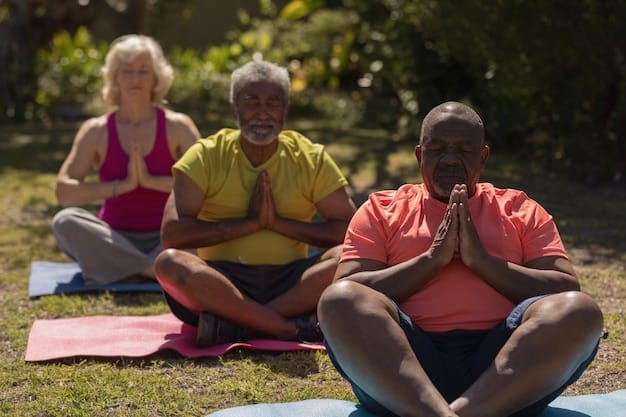 A diverse group of seniors participating in a yoga class outdoors, representing active and healthy retirement life.