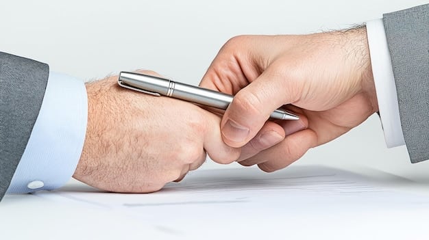A person's hand signing a document with a pen, implying a pivotal decision or finalization of a legal process, such as filing for bankruptcy or signing a settlement.
