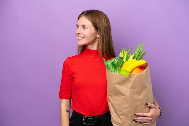 A person holding a bag full of groceries, with fresh produce visibly near the top, symbolizing successful and healthy grocery shopping.